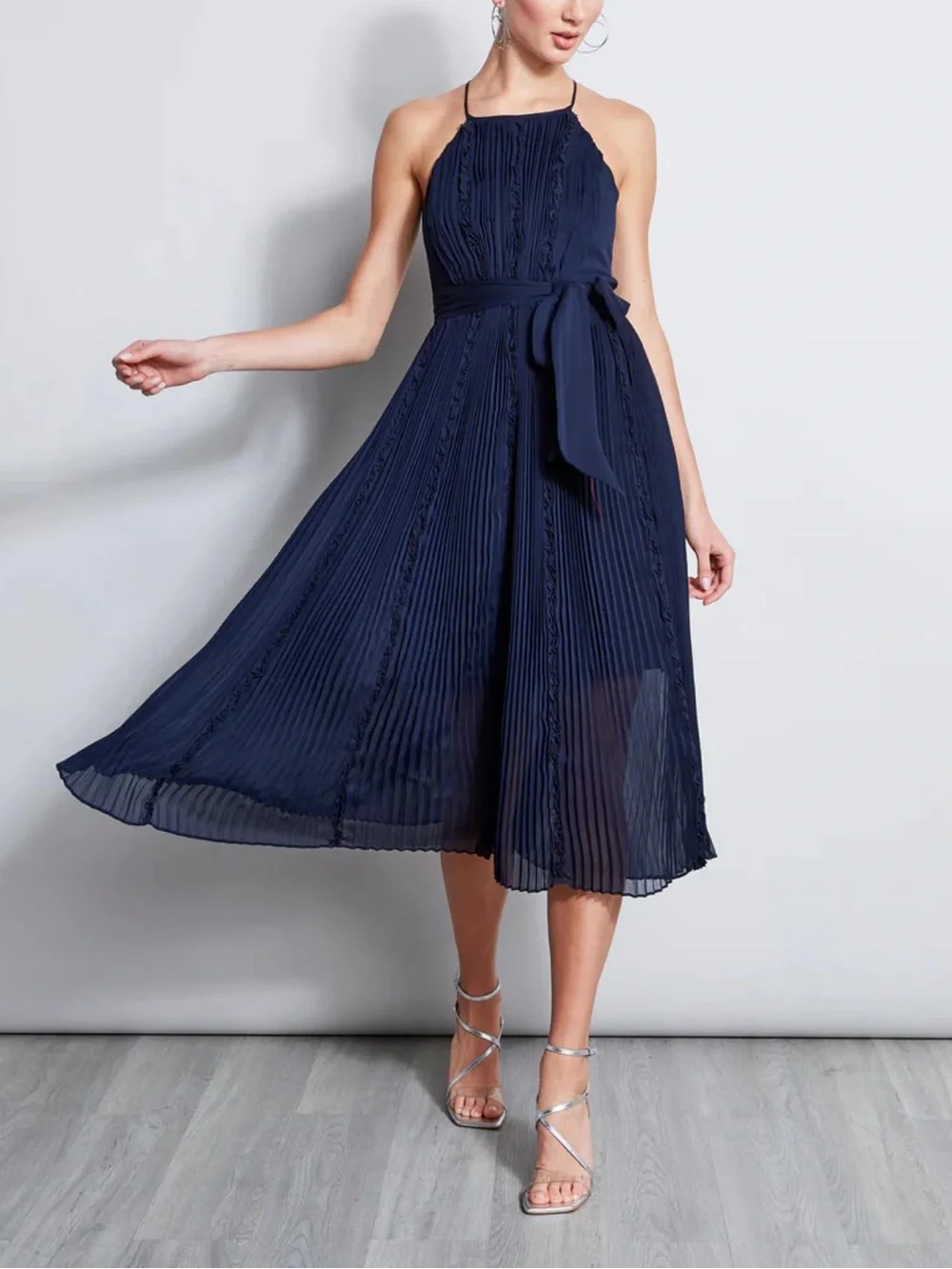 Elie Tahari Navy Blue Crinkle Chiffon Halter Midi Dress